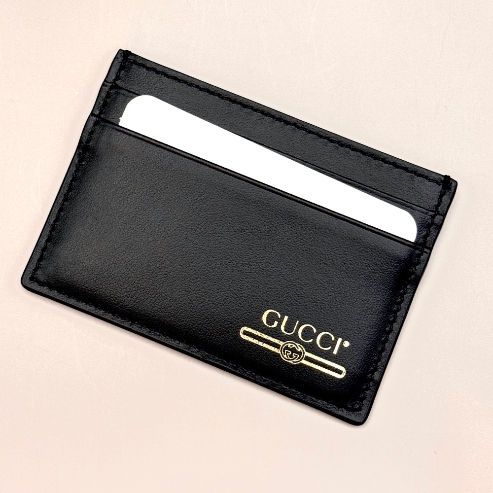 NEW Gucci Card Holder in Black Leather- Gold Embossed Logo